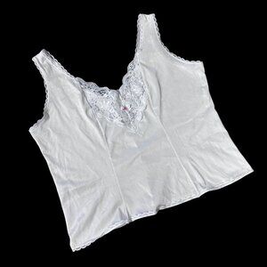 Vintage White Lace Trim Camisole Tank Top USA 1980s Romantic Undershirt Retro